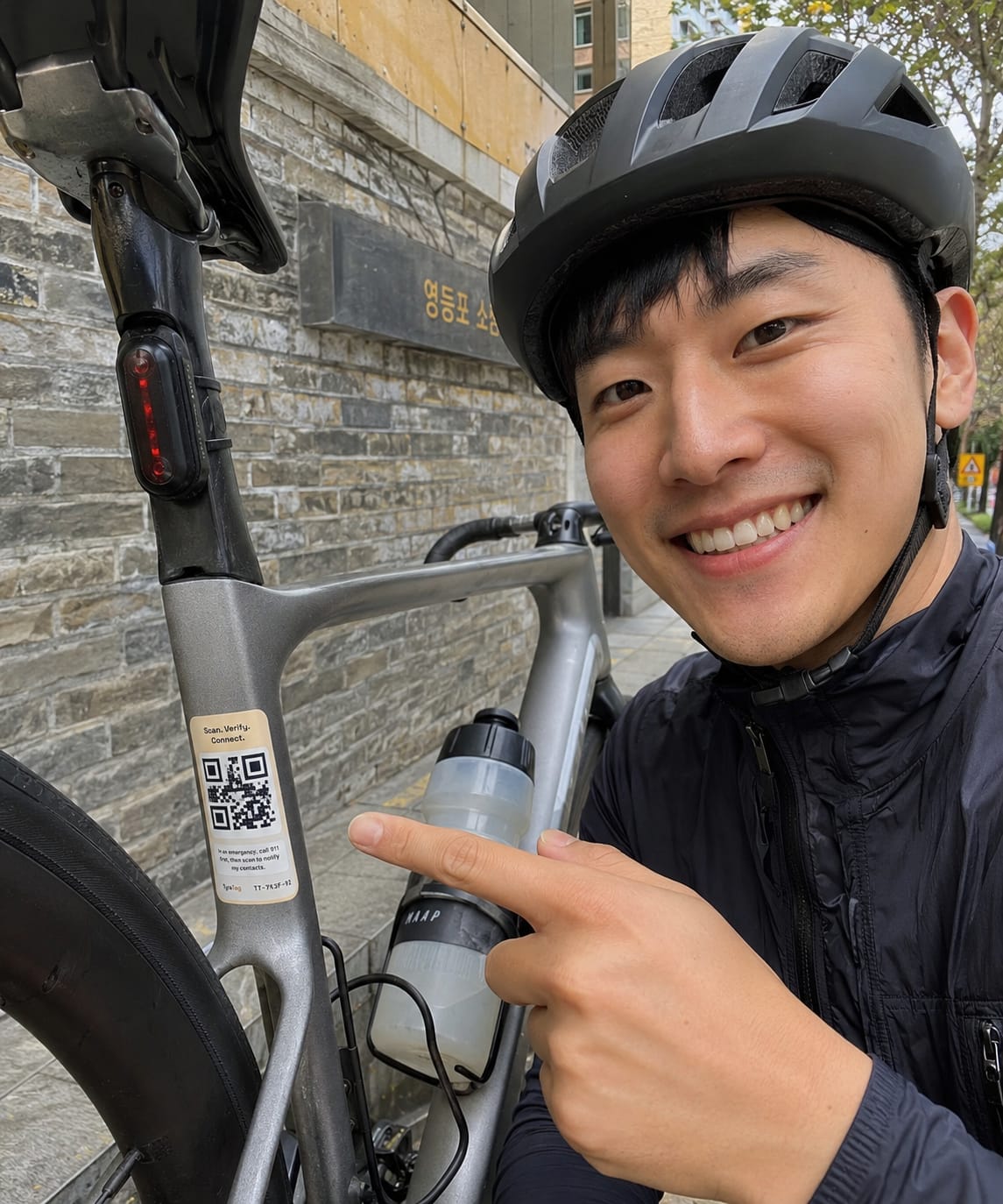 A cyclist pointing at the TyraTag on their bike